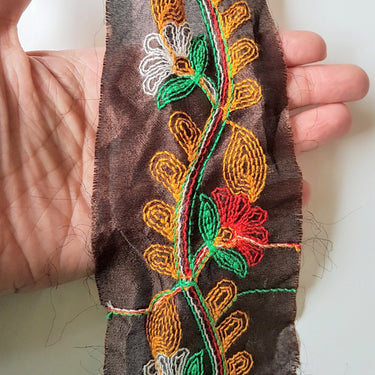 Brown Silk Fabric Trim With Yellow, Red, Green And White Floral Embroidery